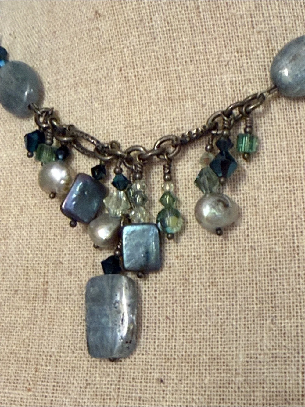 TRES JOLIE NECKLACE PEARL BLUE BEADED SWAROVSKI CRYSTAL STERLING SILVER 16”
